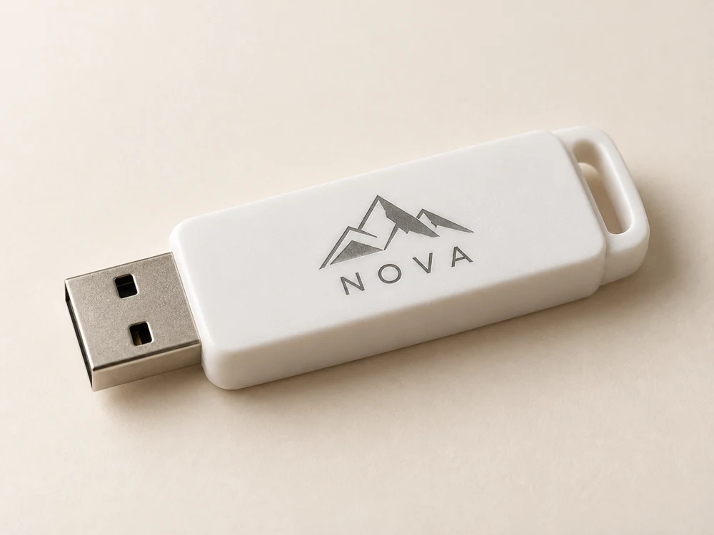 Beyaz plastik USB bellekte koyu renkli UV lazer logo