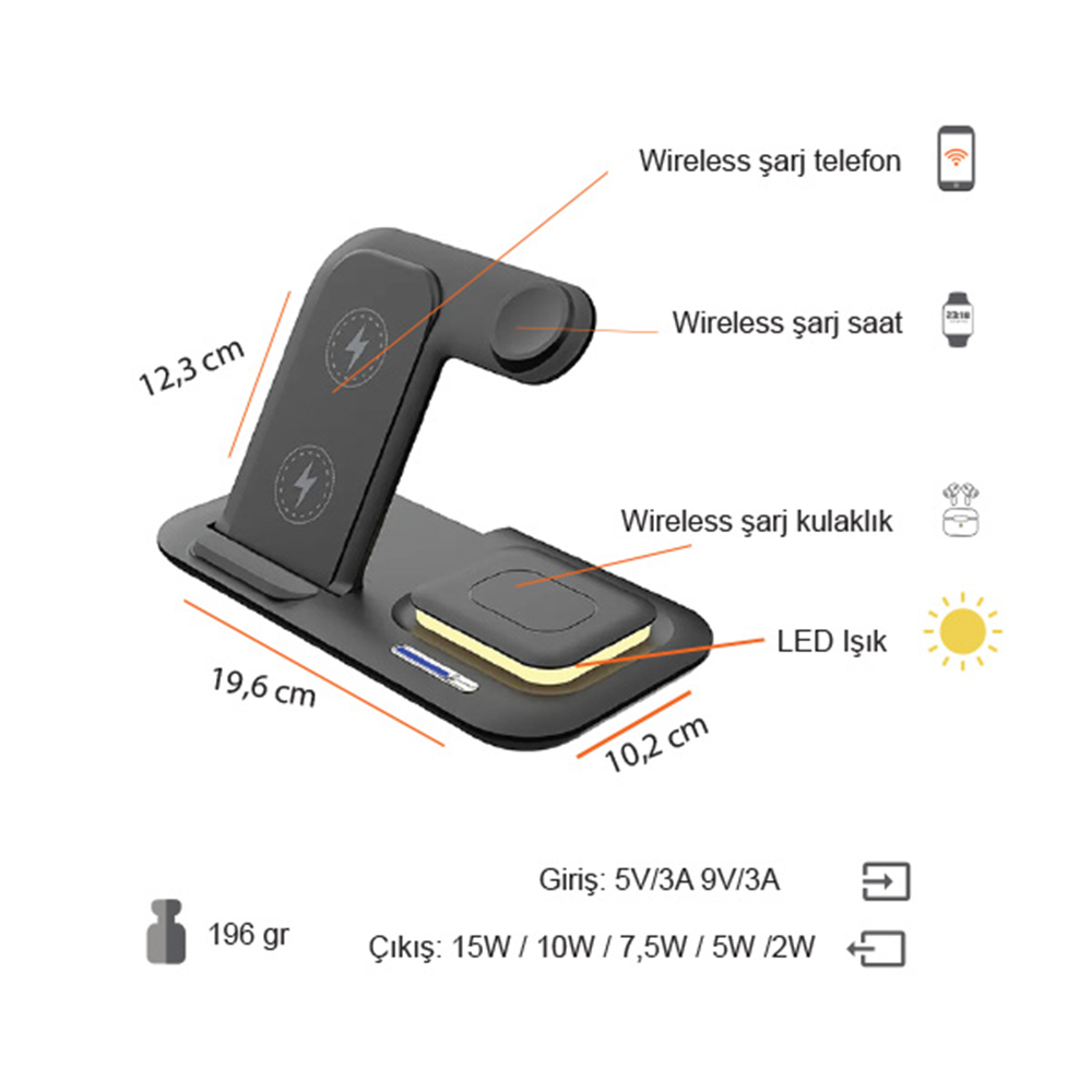 Kablosuz Şarj Standı (Telefon, Saat, Kulaklık)